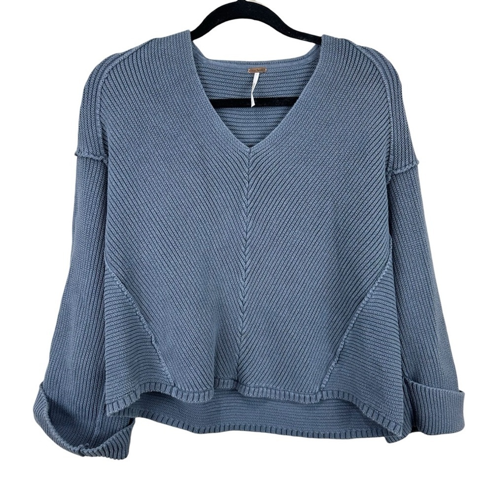 Free People La  Brea V-Neck Ribbed Slouchy Sweater Gray Sz XS
